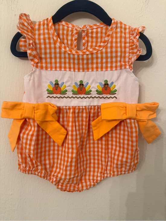 Other - Orange Gingham Baby Romper with Turkey Embroidery